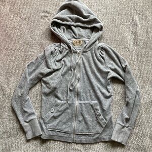 Vintage Y2K Juicy Couture Velour Hoodie Medium Ruched Shoulders Button Pockets